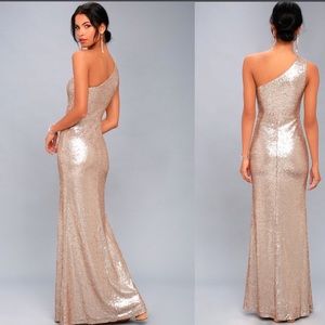 Matte Rose Gold Sequin One Shoulder Maxi Dress